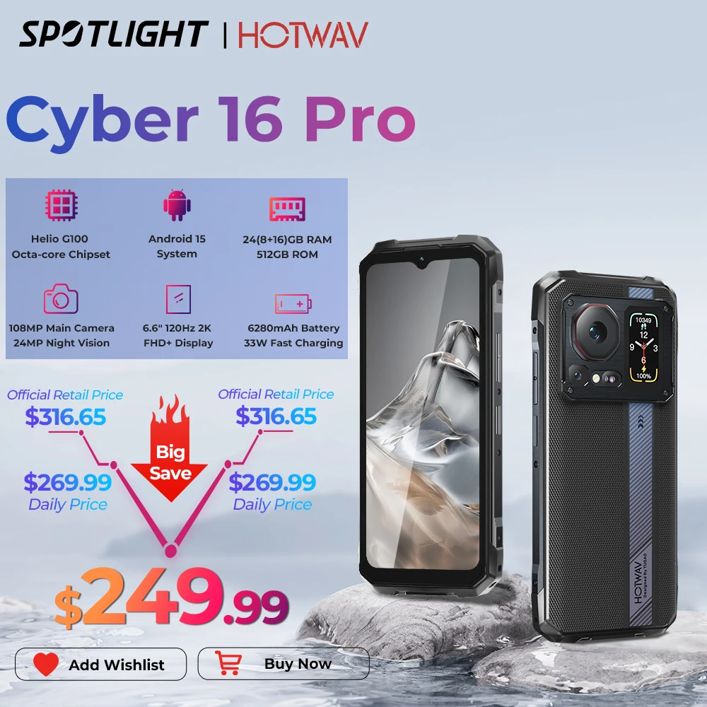 HOTWAV Cyber 16 Pro Rugged Phone G100 108MP Mobile Phone 6.6'' FHD+ 2K Display 8GB 512GB Smartphone Android 15 Cellphone
