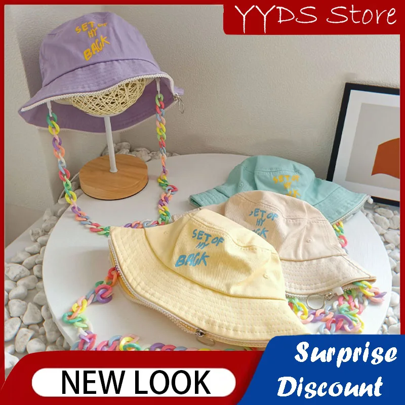 

Children's Chain Fisherman Hat Bag Hat Dual Bucket Hat Personality Color Chain Text Printing Fisherman Hat Panama Hat