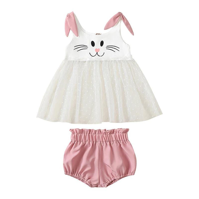 

Newborn Baby Girl Clothes Summer Cute Rabbit Outfit Mesh Patchwork Cami Tops with Elastic Shorts Set