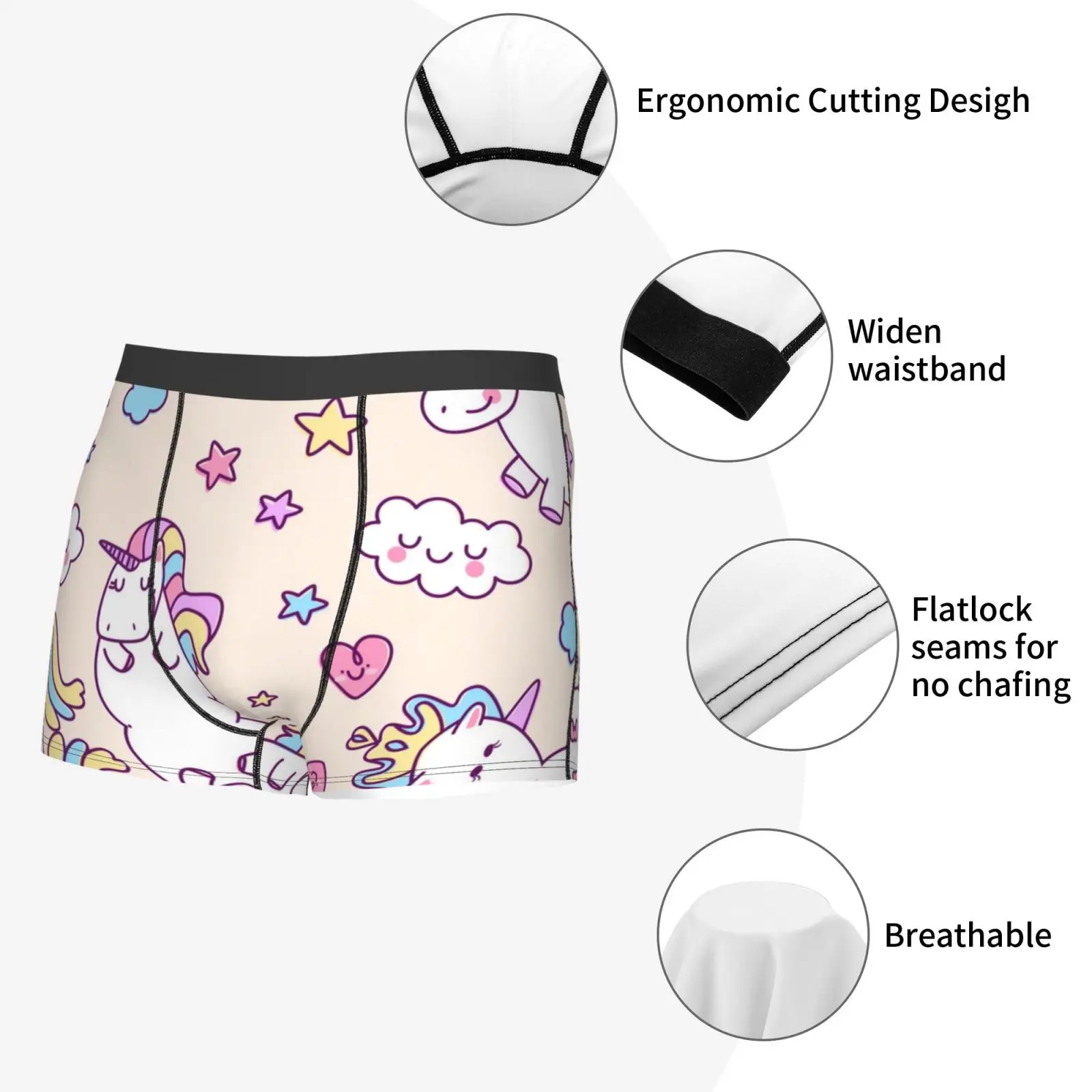 Unicorn Cartoon Male Underpants Double Sides Printed Soft Breathable Machine Wash Boxershorts Men Polyester Print