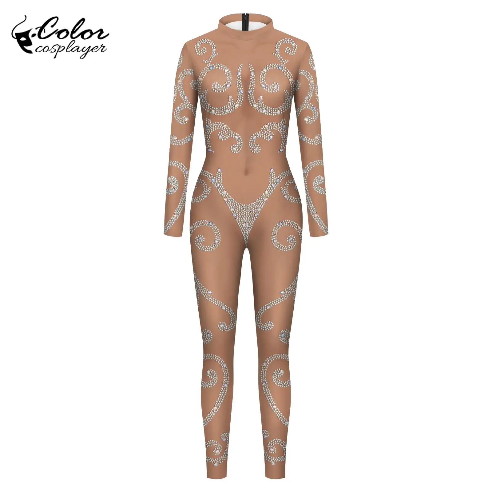 Color Cosplayer Jumpsuit Women Colour Bodysuit Long Sleeve Catsuit Zipper Carnival Cosplay Costume Halloween Adult Clothing