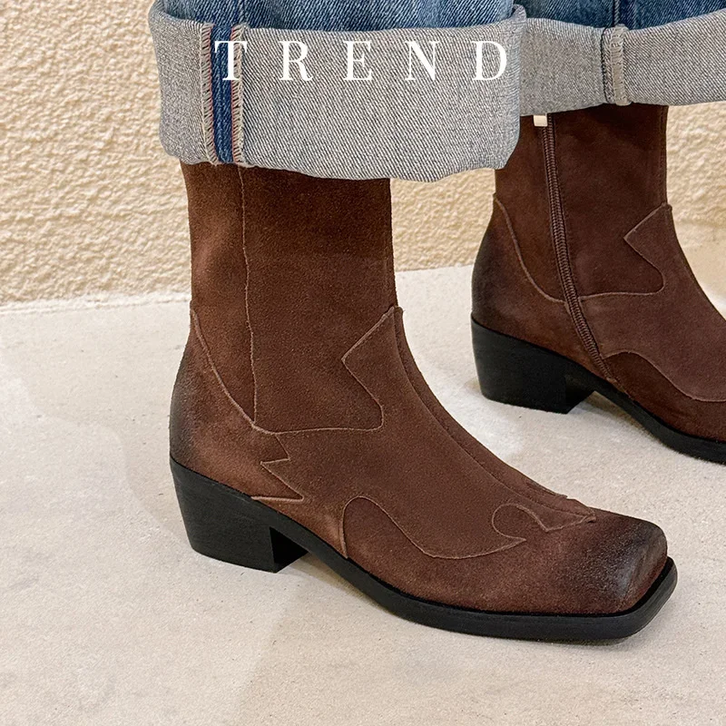 Genuine Leather Retro Style Square Toe Boots Mid Calf Botas Brown Chunky Heels Sewing Design Zippers French Luxury Old Money New