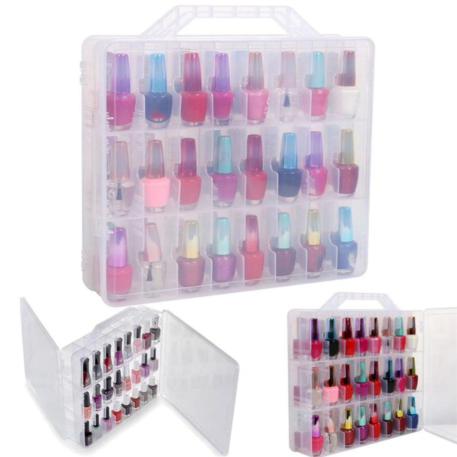 48 Cells 2 Layer Nail Polish Organizer Portable Clear Nail Supplies Needlework Storage Box Adjustable Storage Case