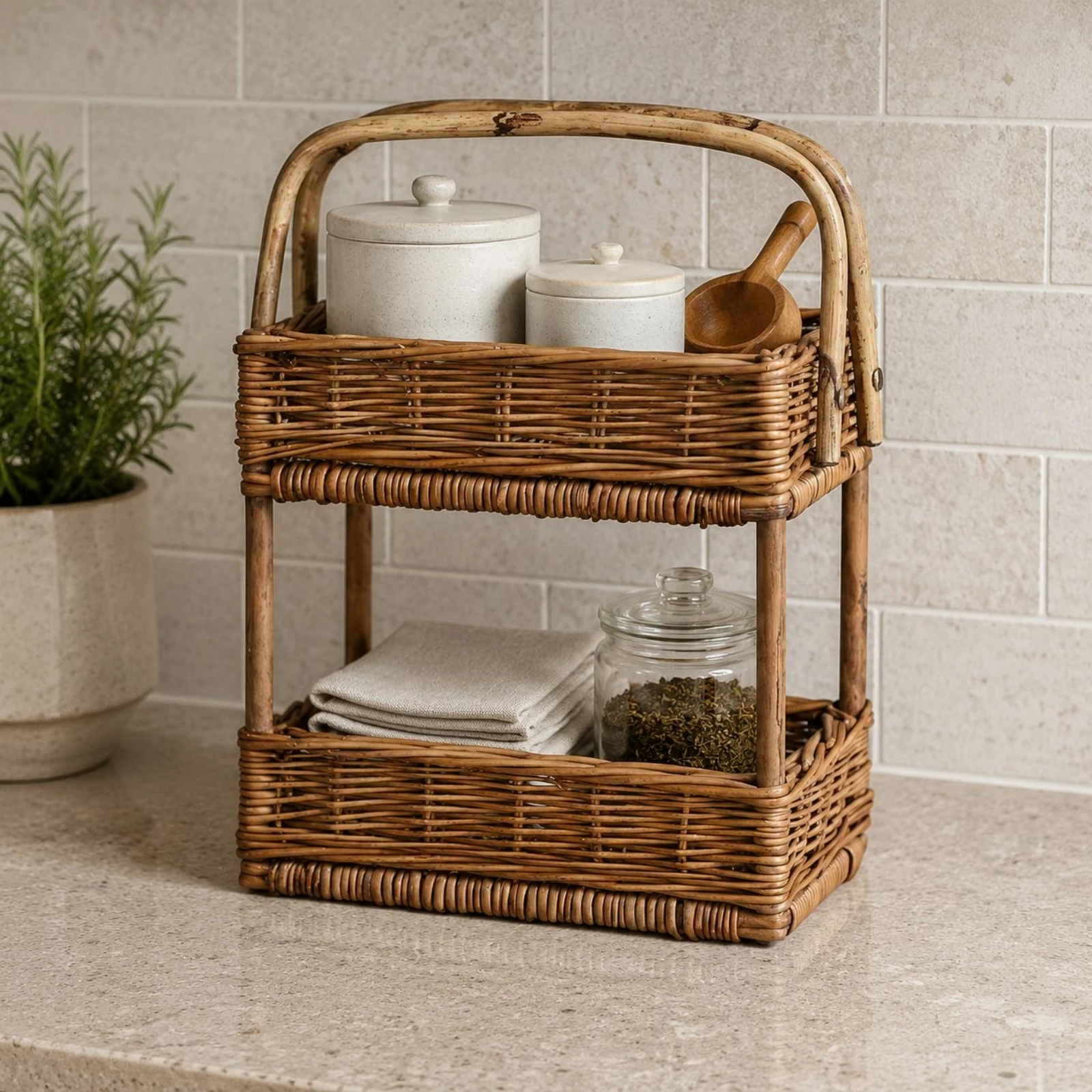 

Woven Storage Basket Handwoven 2-Tier Storage Basket Wicker Organizer Shelf Natural Look Tiered Rack Uncovered Design