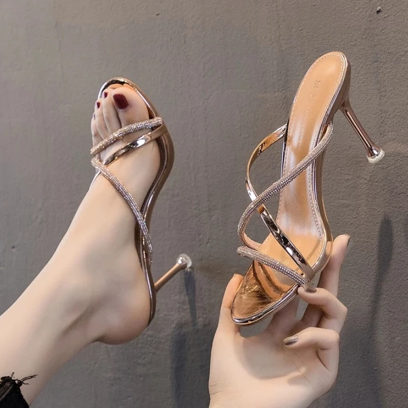 

2024, новые летние французские сандалии, женская обувь, удобная женская обувь на высоком каблуке со стразами, сексуальные туфли-лодочки