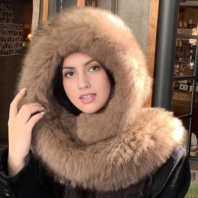 

Real Fox Fur Snow Hat Scarf Hat Integrated Hats Warm and Advanced GenuineFox Double-sided Thickened Plush Ear Protection Cap