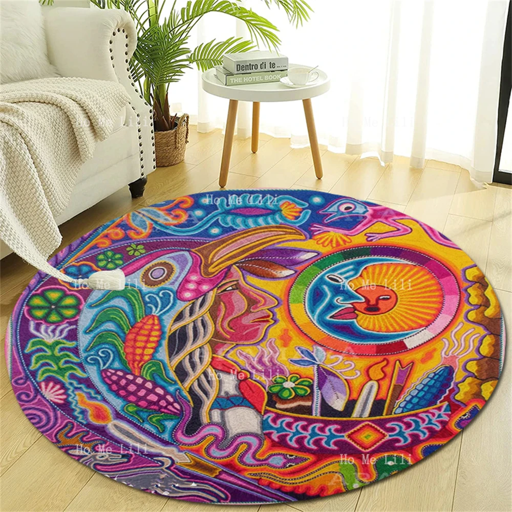 Marakame Hikuri Deer Snake Eagle Spiritual Meaning Huichol Print Mexican Folk Art Religious Culture Round Carpet