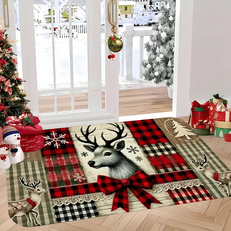Vintage Christmas Front Door Mat Buffalo Plaid Reindeer Red Bow Lace Snowflake Wood Grain Print Farmhouse Holiday  Doormat
