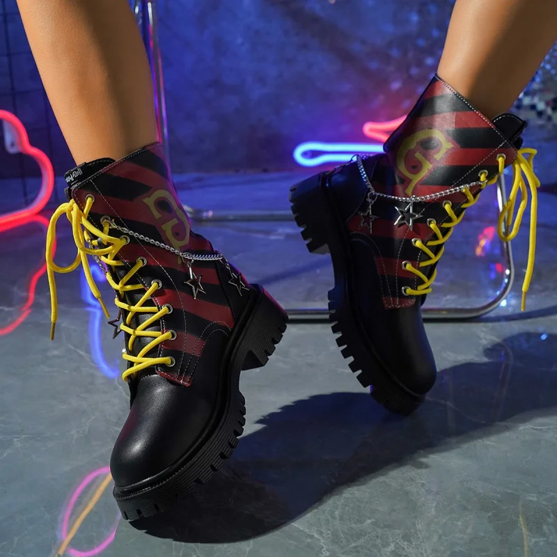 2025 فاسق دراجة نارية الأحذية للنساء القوطية ستار وسلسلة حذاء من الجلد أزياء من الدانتل متابعة منصة الأحذية أحذية مريحة #3