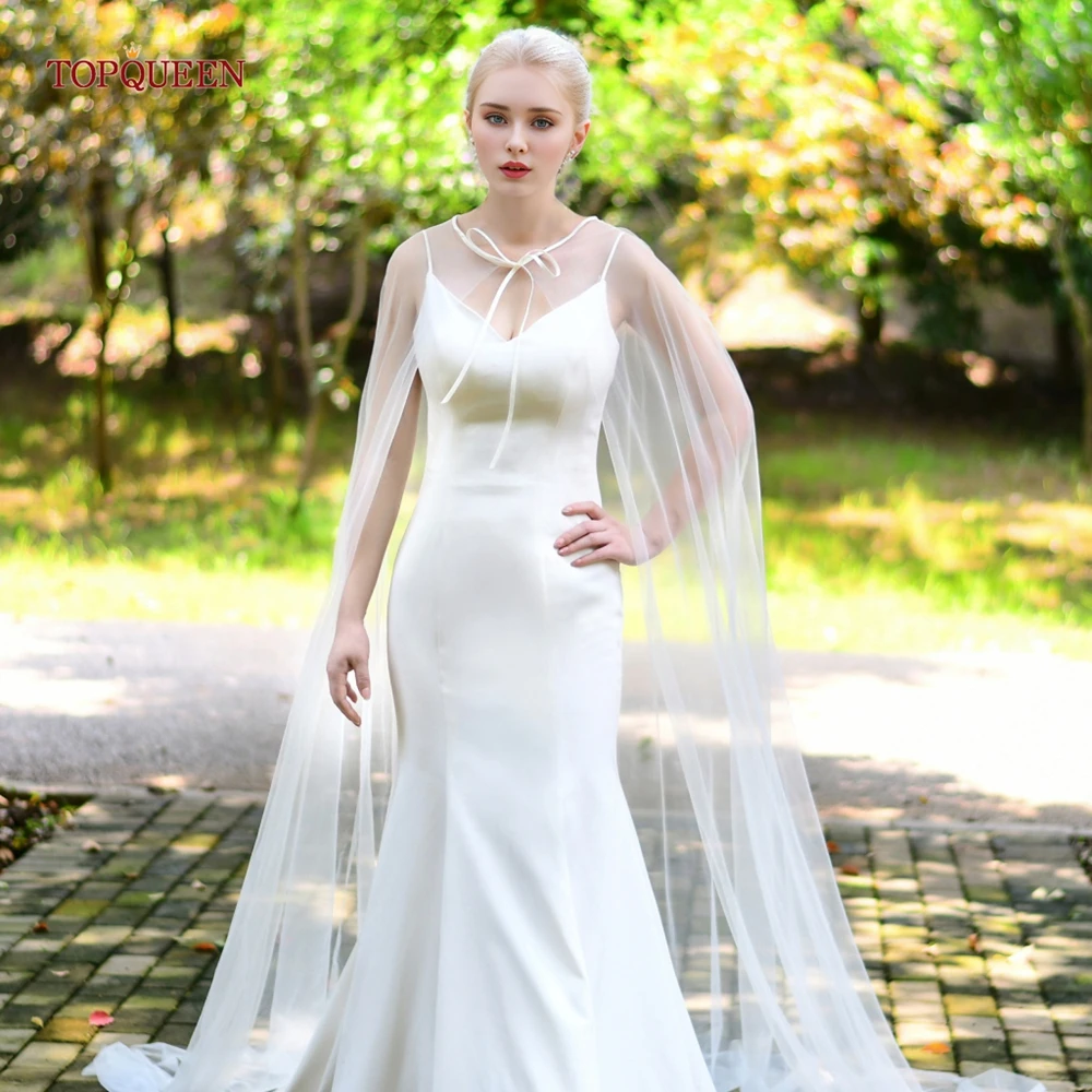 

TOPQUEEN G16 Long Train Shawls Women's Long Bow Capes For Wedding White Plain Bridal Shawls Ribbon Edge Wraps For Formal Party