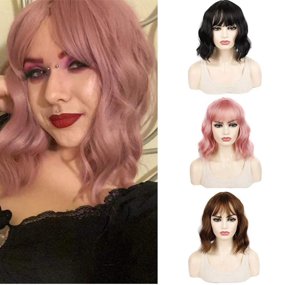 

Zolin Short Wavy Hair Wig Drag Queen Wave Bob Cosplay Wigs For Woman Black Brown Pink Color Lolita Hair Wig