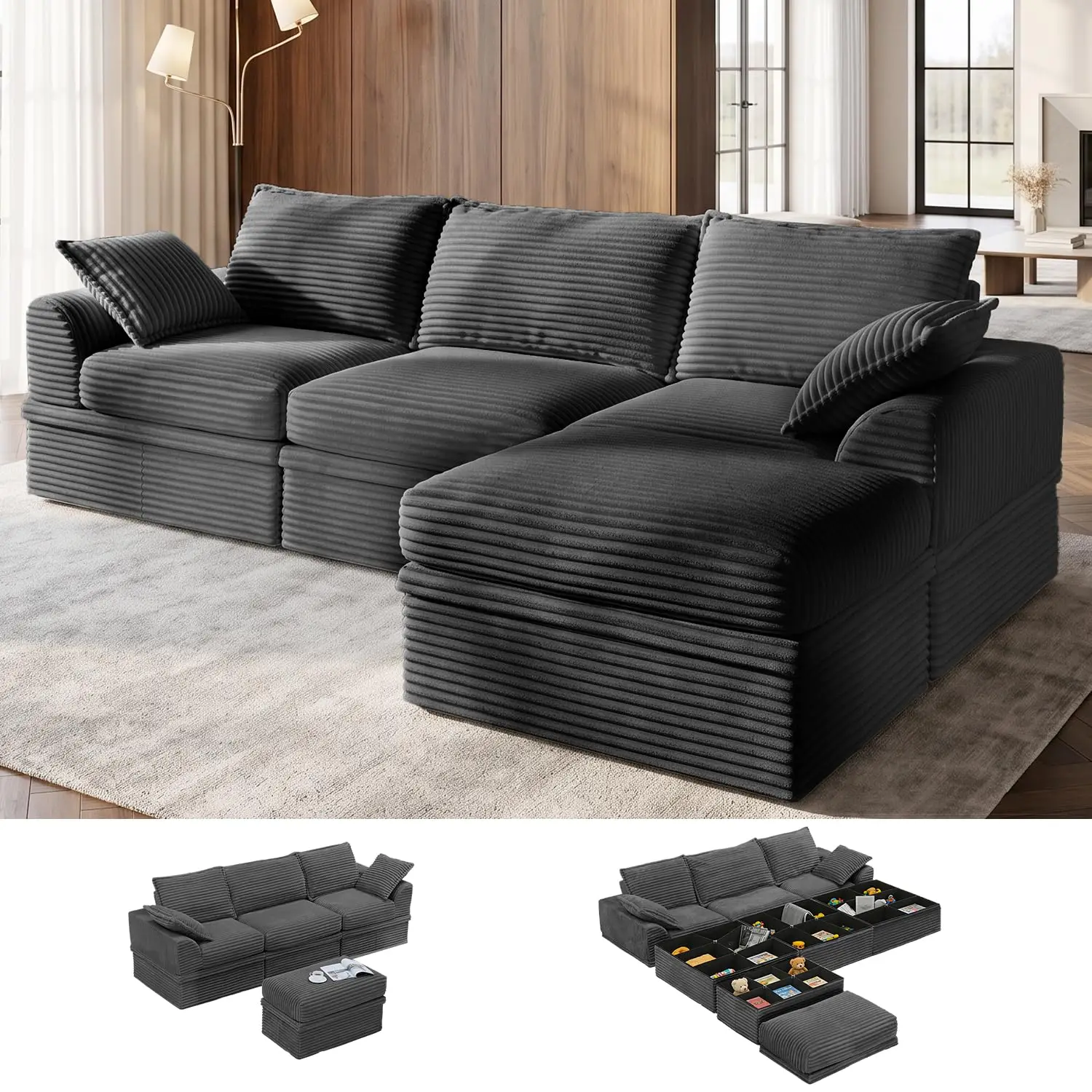 Extra Deep Modular Sectional Sofa with Storage Ottoman, Tool-Free Assembly L Shaped Couch for Living Room, Dark Grey, Customized