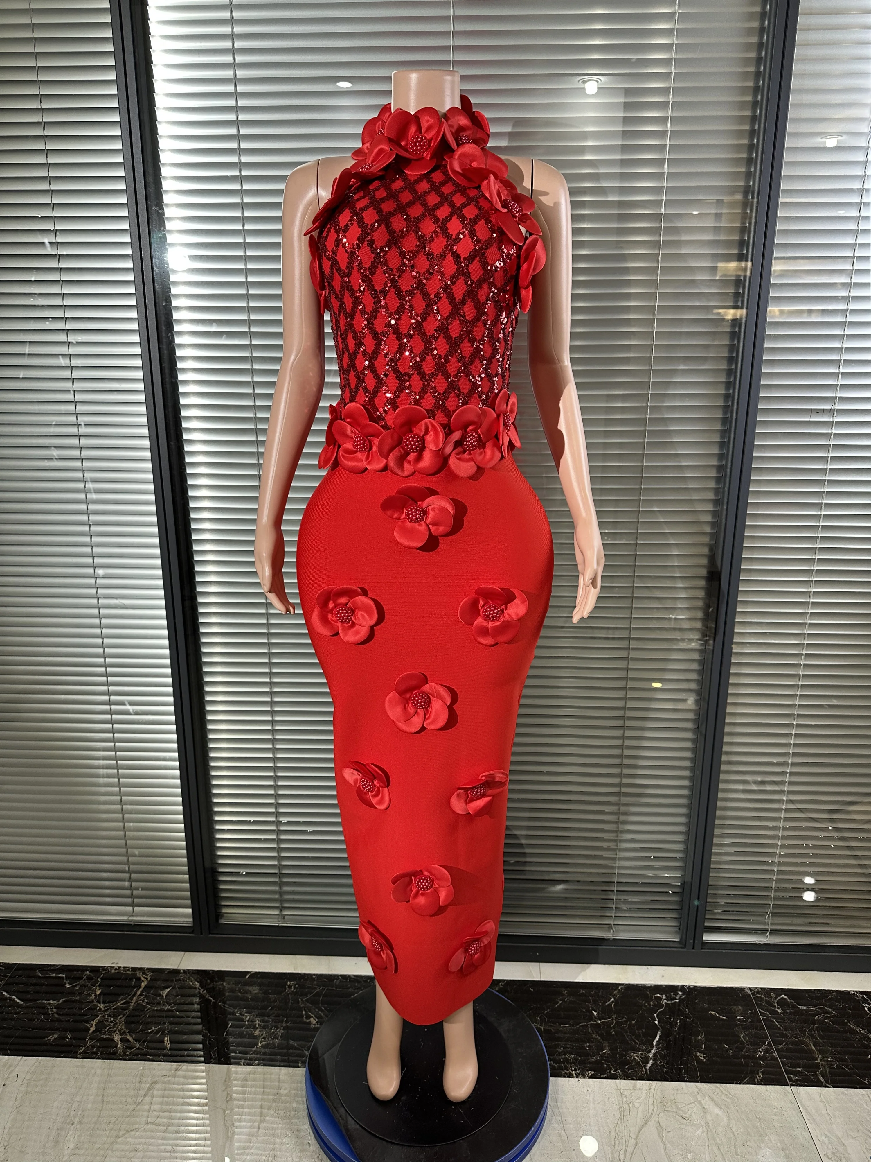 

Glamorous Birthday Party Elagent Knitted Clothing Guest Dress Women Sexy Sleeveless Flower Midi Split Bodycon Bandage Dresses