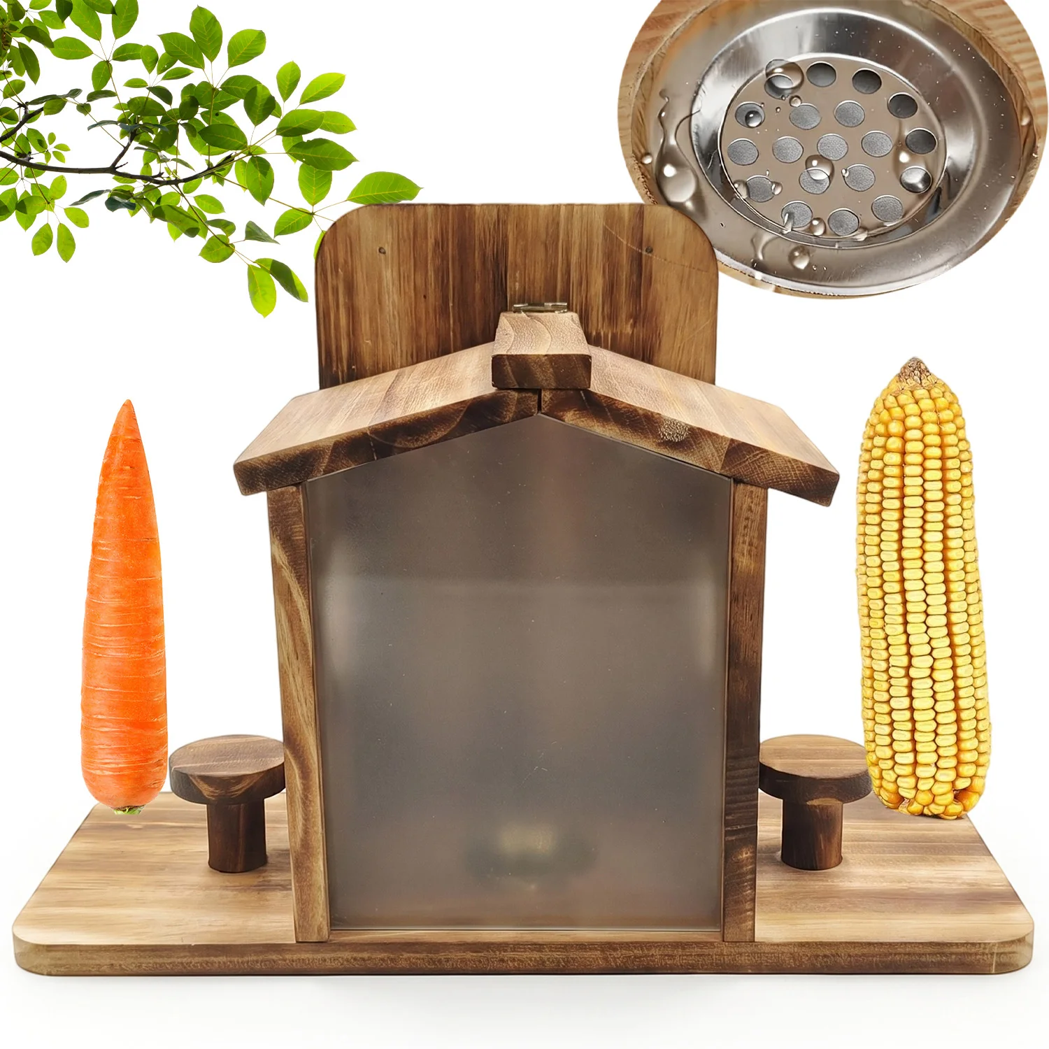 Mangeoire à écureuils en bois, table d'alimentation robuste pour écureuils avec 2 tabourets transparents pour un remplissage facile des cacahuètes et du maïs
