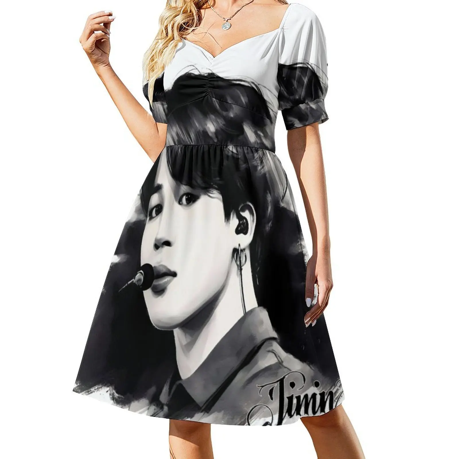 Gaun Mini Seksi Jimin dari Boys By Hello K-Pop untuk Wanita, Pesta Pantai, Ulang Tahun, Hitam Putih, Tinta Hitam