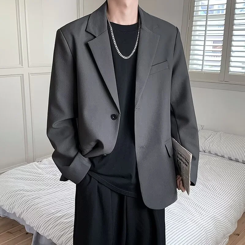 

2026 Men Korean Style Casual Blazer Loose Fit Handsome Light Mature Streetwear All Match Black Spring Autumn Suit Jacket Coat