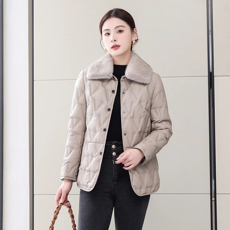 New Women Winter Leather Down Jacket Fashion Real Mink Fur Collar Sheepskin Down Coat Casual Thick Outerwear Split Leather