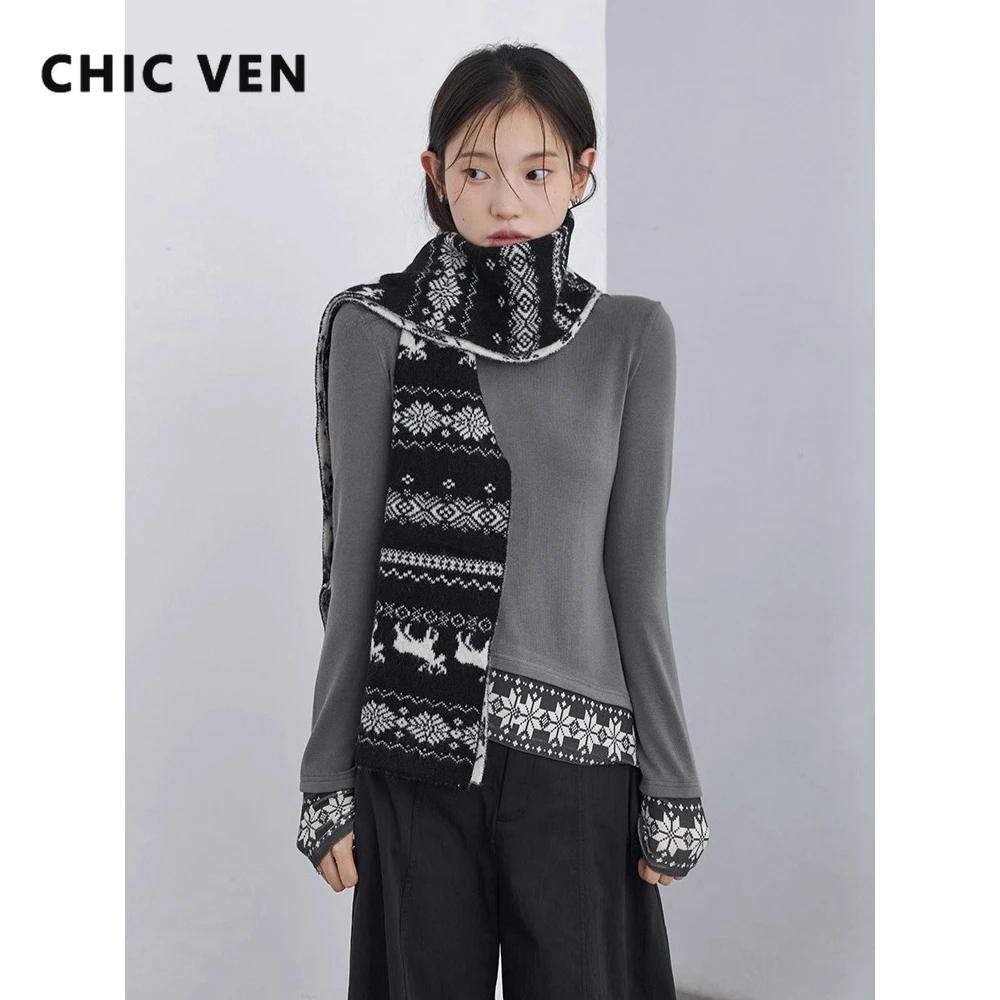 CHIC VEN Fashion Women T-Shirts Solid O Neck Splicing Print Base T-shirt Slim Fit Female Top Pullover Autumn Winter 2025