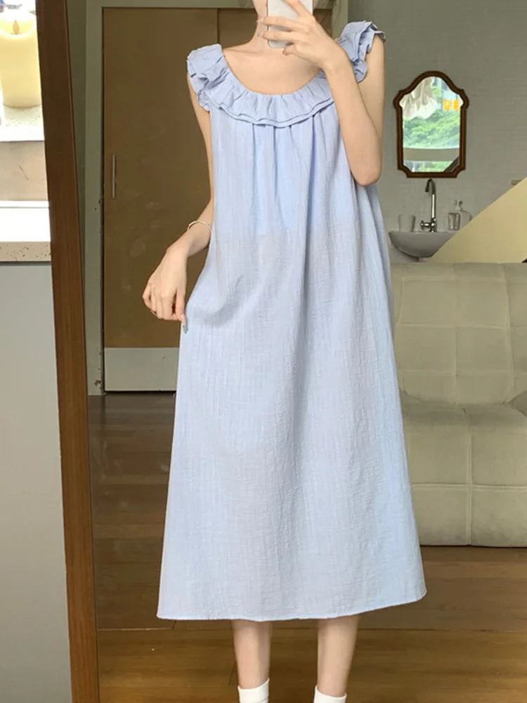 

New Home Soft Strapless Solid Sweet Simple Holiday style NightDress Women Sleeveless Summer Korean Loose Elegant Sleepwear Ins