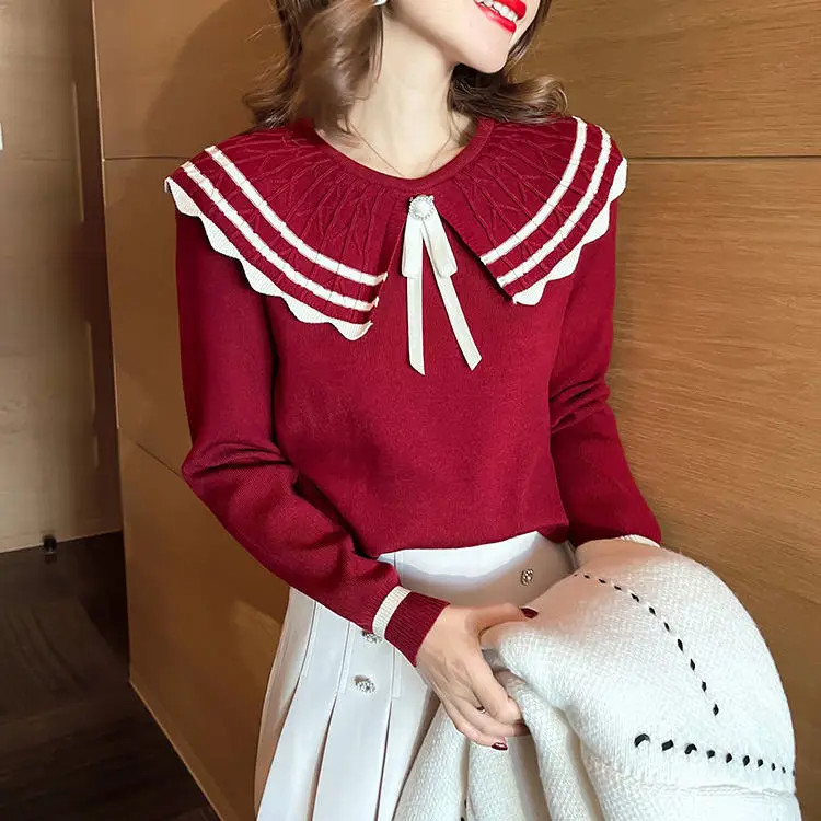 

Women Knitted Sweater Fashion Oversize Pullover Ladies Spring Autumn Loose College Style Elegant Striped O-Neck Long Sleeve M122