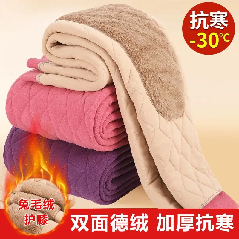 Women Thicken Warm Bottoms Pants Skin-friendly High Waist Elasticity Leggings Knee Fleece-Lined Layer Soft Trousers Thermo Pants - view 3