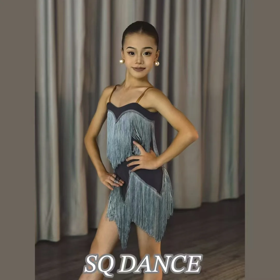 เด็กชุดเต้นรำละตินสาวสีเทาพู่ชุดแข่งขันเสื้อผ้าช่าช่าแซมบ้าเต้นรำเครื่องแต่งกาย DNV24507