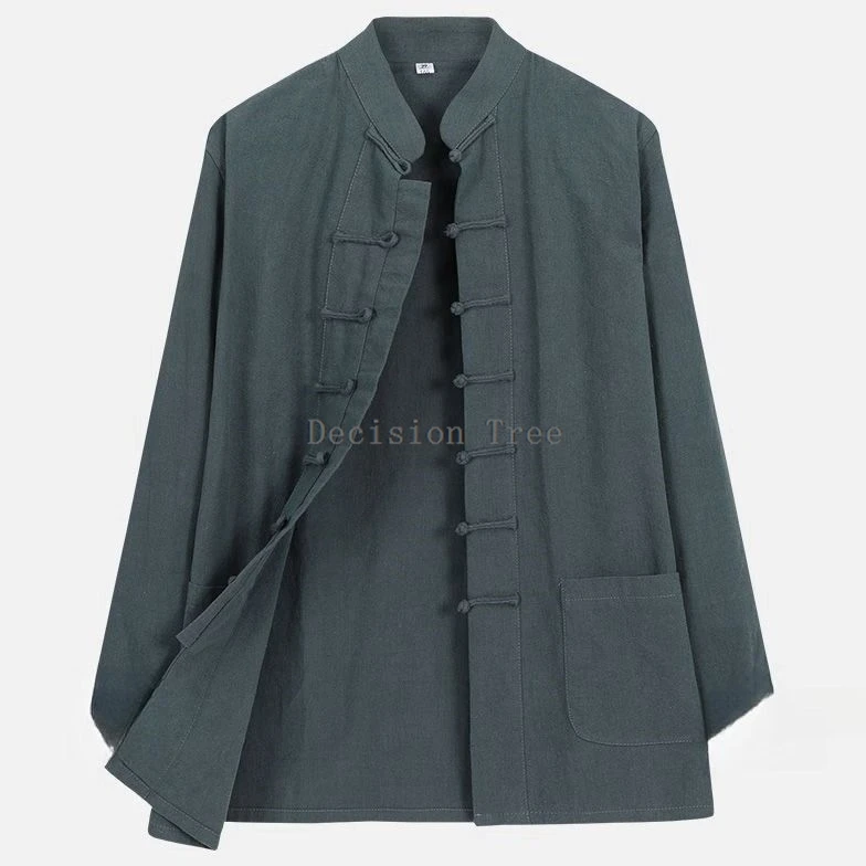 2024 autumn cotton and linen chinese style men's long sleeve tang suit jacket retro pan buckle lay hanfu martial arts casual top