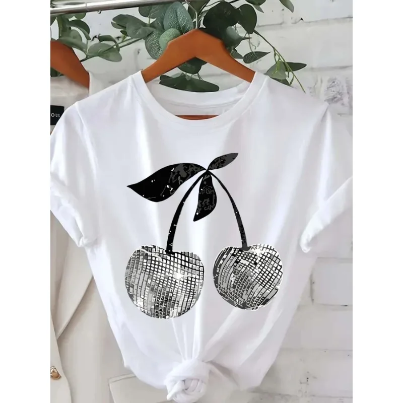 

Fashion Silver Cherry Graphic Print T-Shirt Short Sleeve Crew Neck Casual Top for Summer & Spring Women' S Clothing
