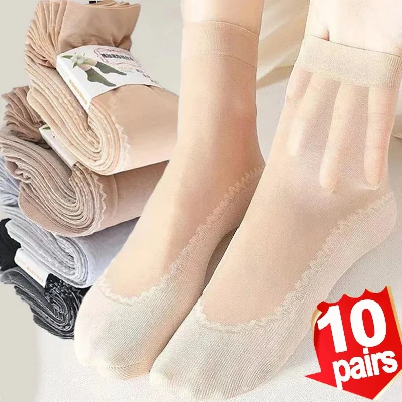 

1/10pairs Spring Summer Ultrathin Socks Women Breathable Silk Socks Female Mesh Elastic Non-Slip Bottom Splice Ankle Short Sox