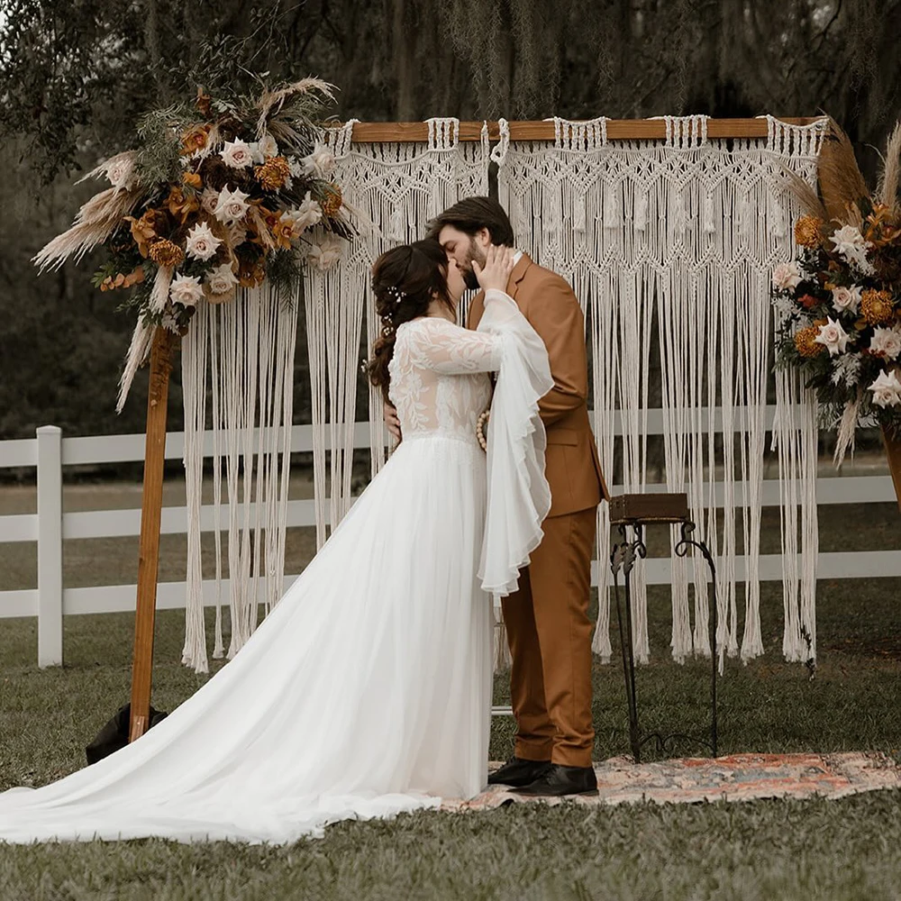 طويل صالح ومضيئة الأكمام تشبه جناح الخفّاش ورقة الدانتيل بوهو فستان الزفاف الشاطئ مخصص الشيفون حجم كبير عارية الذراعين الدانتيل يصل زي العرائس