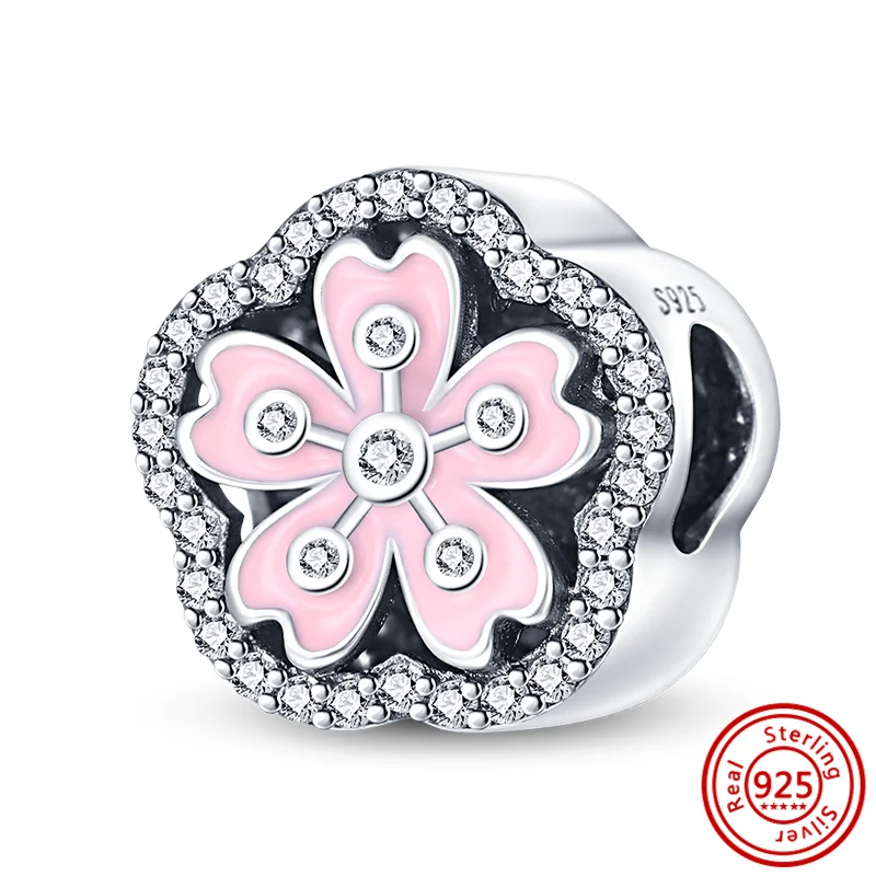 925 Sterling Silver 5 Petal Flowers Style Pink Multi Color Sweet Fashion Beads Fit Original Pandora Charms Bracelet Fine Jewelry