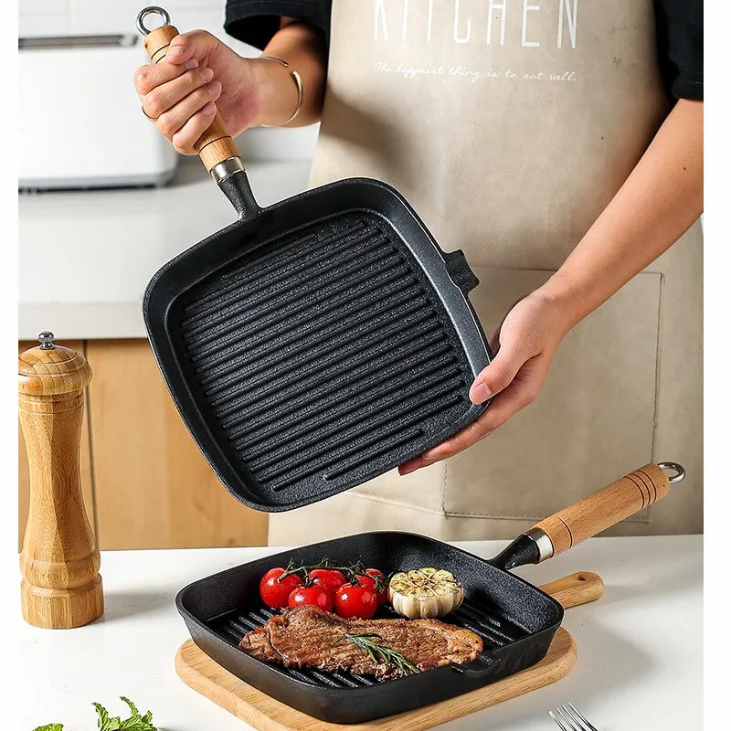 Thickened Cast Iron Steak Frying Pan Non-coated Non-stick Household Stripes Frying Steak Special Pan