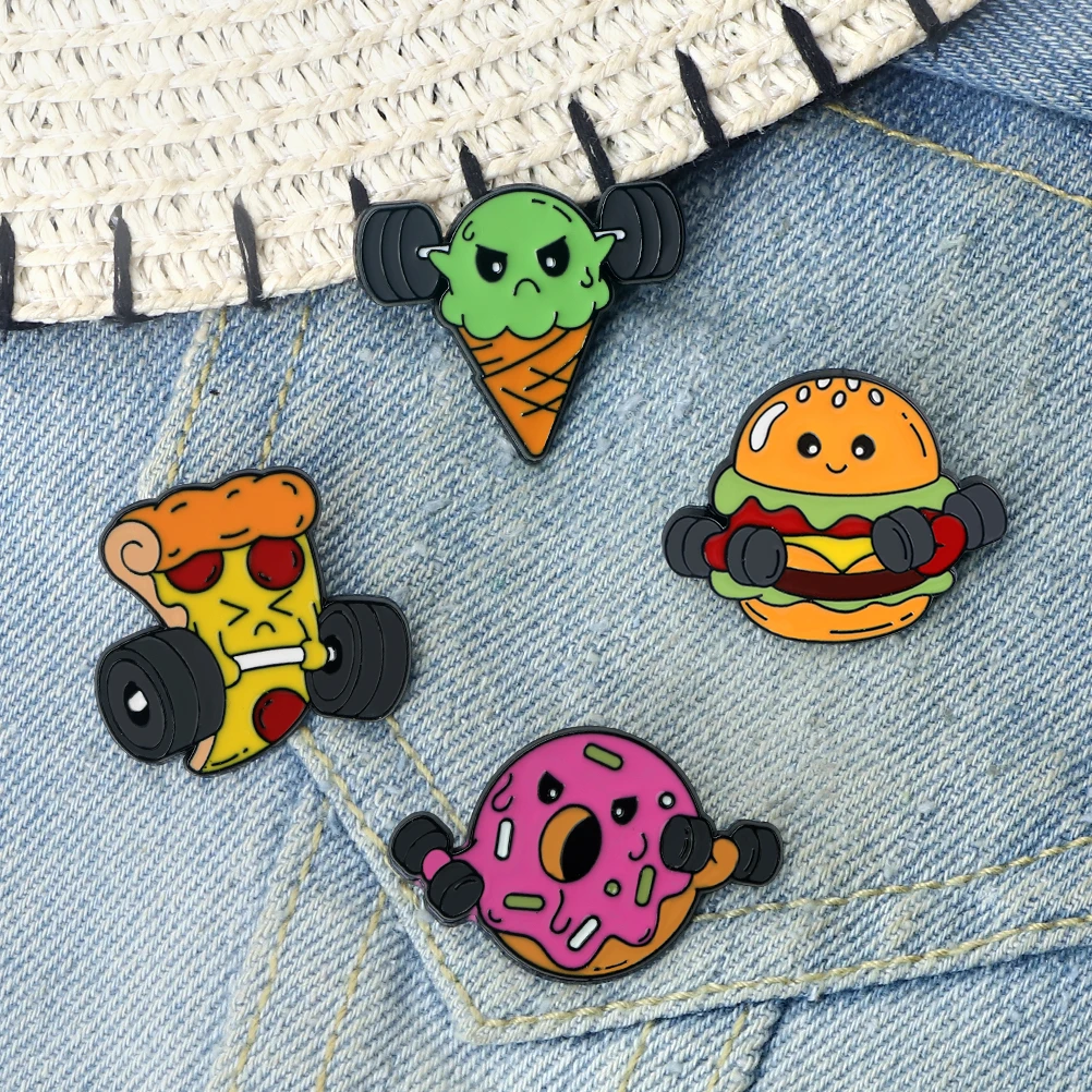 Hamburgers Lifting Dumbbells Enamel Pin Pizza Donuts Ice Cream Food Sport Fitness Club Badge Hat Brooch Jewelry Gift for Friends