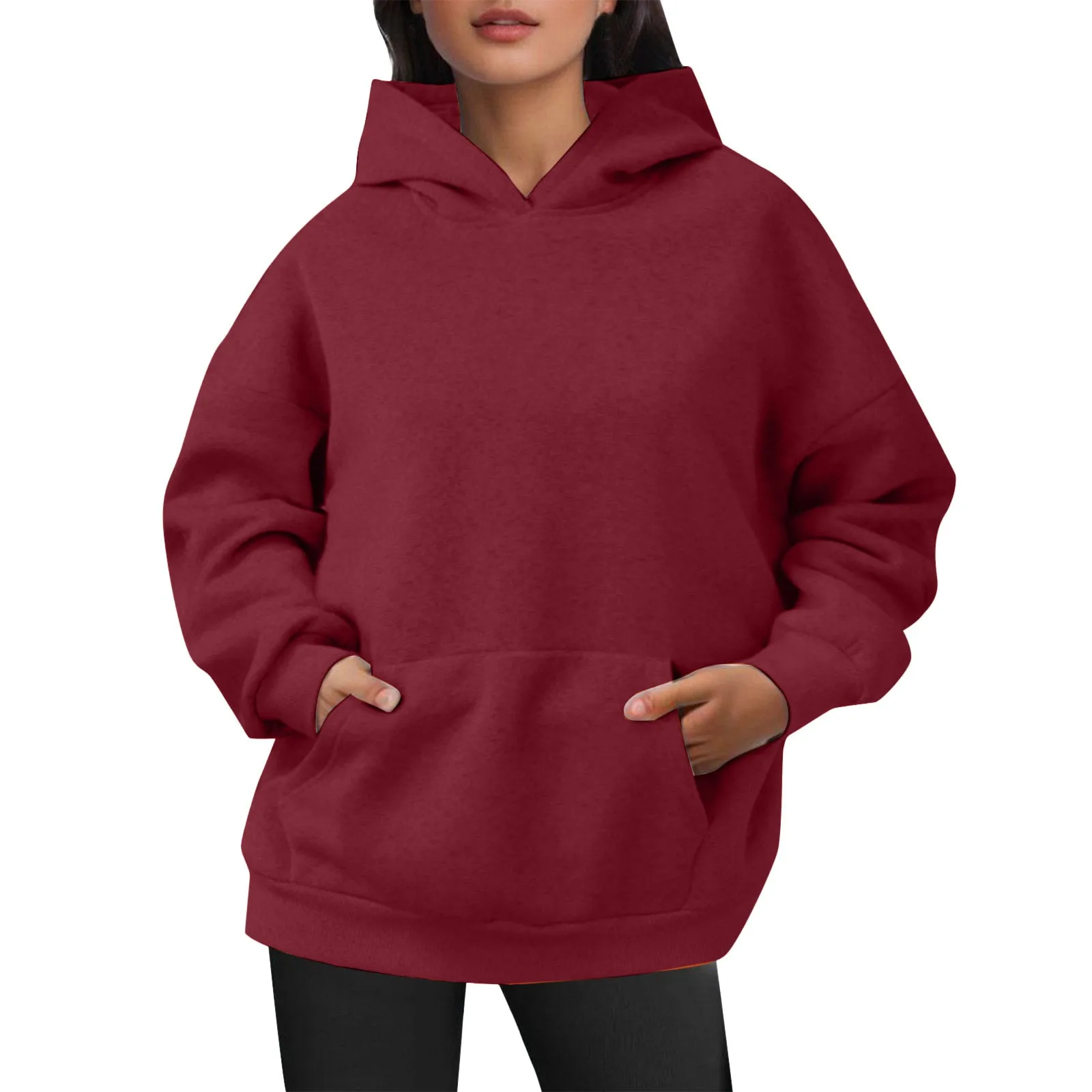 Pakaian Wanita kebesaran dasar serbaguna kaus wanita longgar kasual hoodie lengan panjang saku Drop Shoulder Y2k pullover