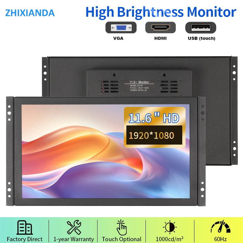 11.6 Inch 1920*1080 High Brightness 1000 Nits Open Frame Monitor Capacitive Touch Screen Industrial Display With HDMI VGA