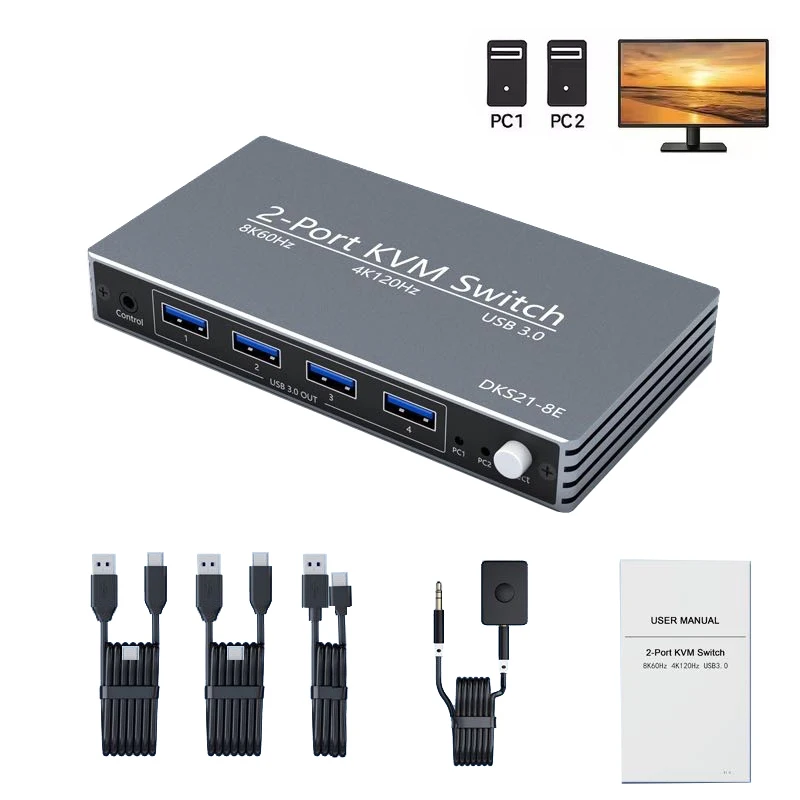 4K 60Hz USB2.0 HDMI KVM Switch 8K@60hz Displayport DP KVM Switch 2 in 1 Out Display for 1 Monitor 2 Laptop PC Computer 4 USB 3.0