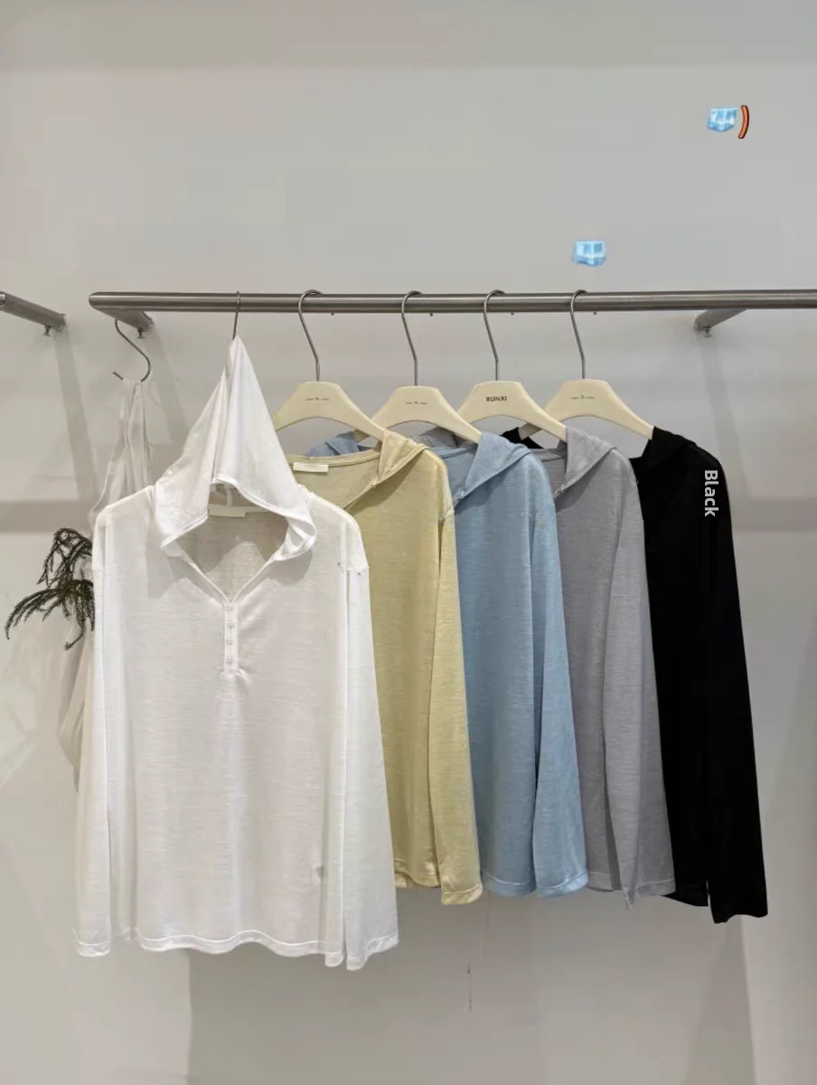 

Runxi Summer New Loose Fit Long Sve Hoodie Acetate Ice Sensation Sun Protection Women's T-irt Comfortable Breathable