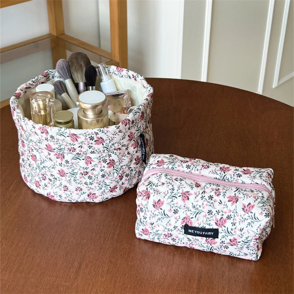 

Large capacity open mouth vintage storage floral literary storage basket portable travel carry-on makeup bag
