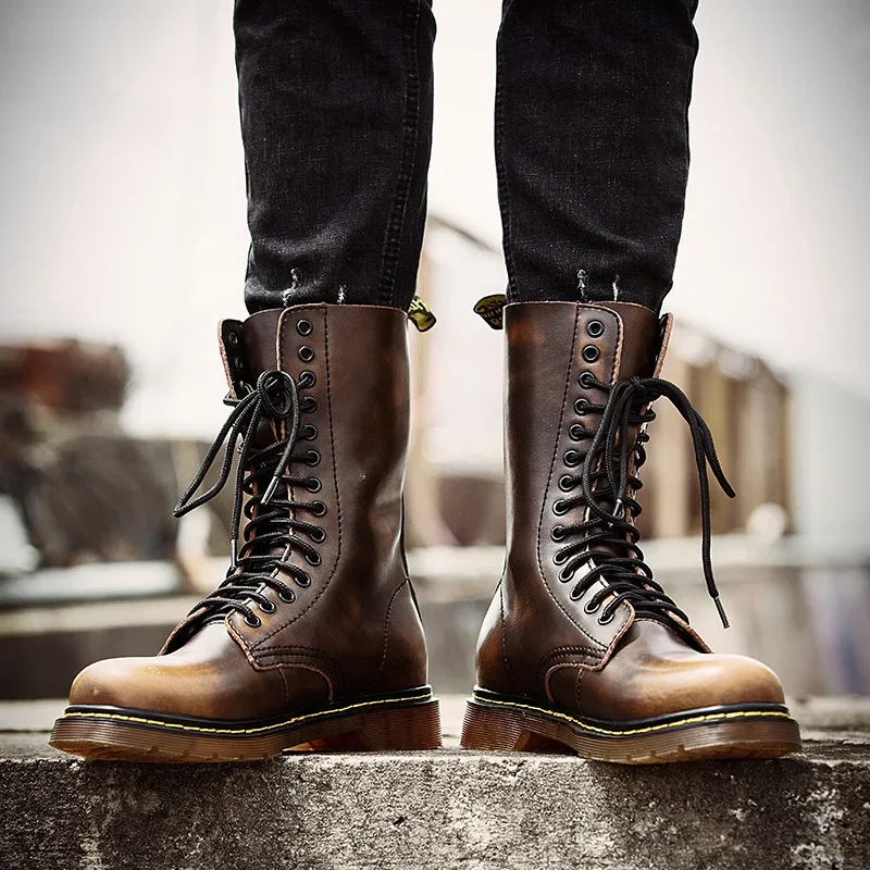 Unisex Large Size Cowhide Vintage Lace-up Combat Boots Men Riding Flat Women Motorcycle Short Snow Warm Plush