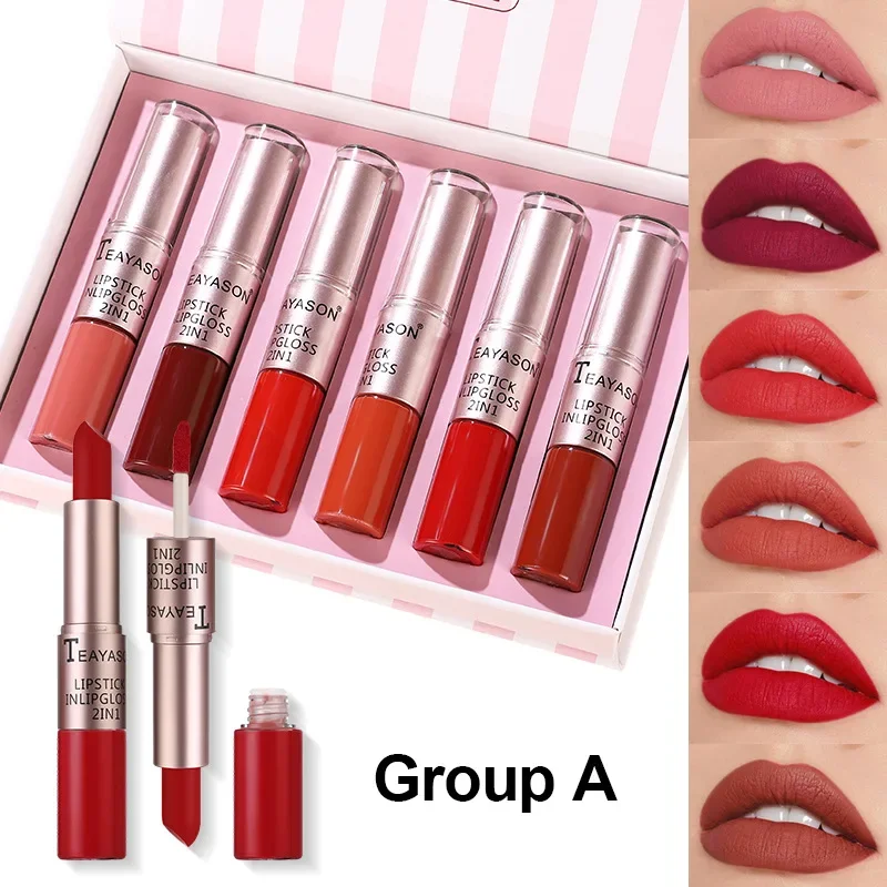 

2IN1 Matte Lip Gloss Lip Stick Set Double Head Non-stick Cup Velvet Lip Gloss Waterproof Long Lasting Moisture Sexy Lipstick