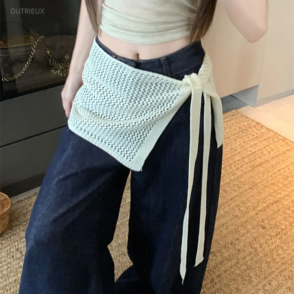 2026 New Solid Western All-match Mujer Faldas Knit Hollow Out Lace Up Sweet Skirts Age Reduction Literary Fart Curtain