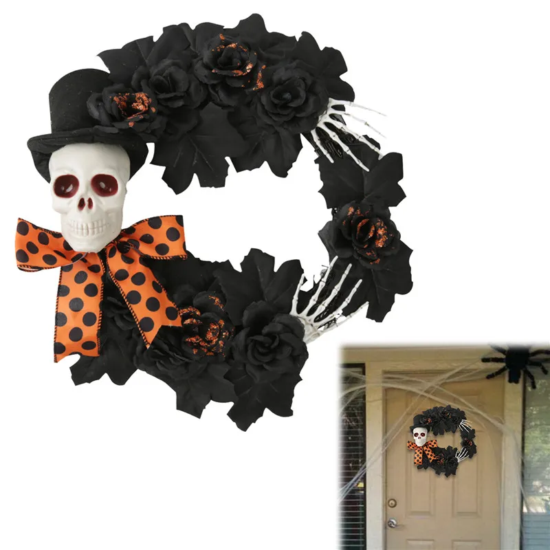 Halloween Artificial Rose Skull Wreath For Front Door Skull Hand Design Door Hanging Wreath Halloween Decoration