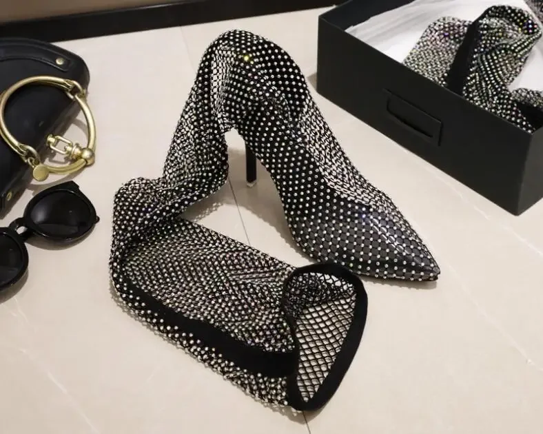 New Full Rhinestone Mesh Summer Boots Women Thigh High Over The Knee Sandals Banquet All Match Women's Pointed Toe Boots