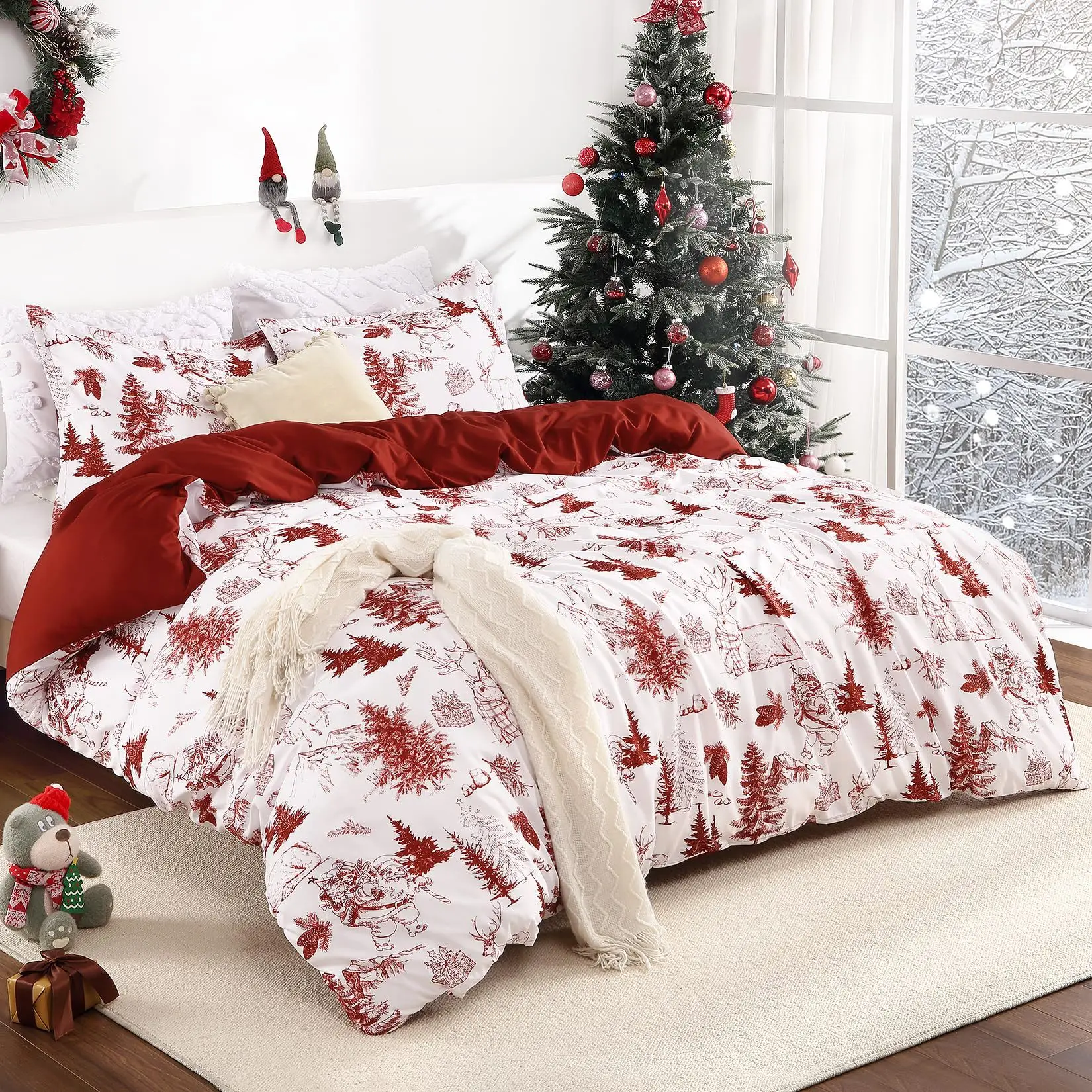 Red Bedding Set Merry Christmas Deer Duvet Cover Set for New Year Home Bedroom Decor Soft Cozy Machine Washable Christmas Gift