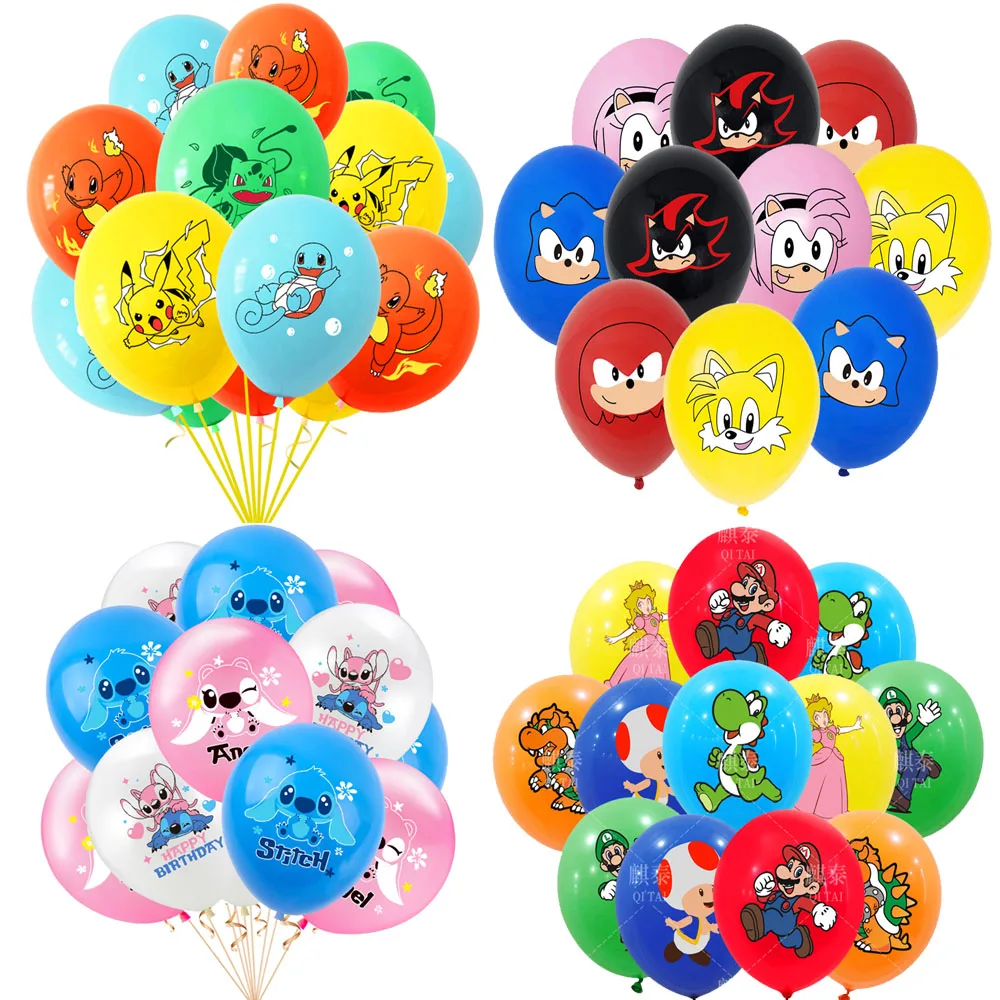 12/24pcs Anime Latex Balloon Pokemon Sonic Mario Lilo & Stitch Cute Figure Balloon Decoration Toys Children Partys Supplies Gift