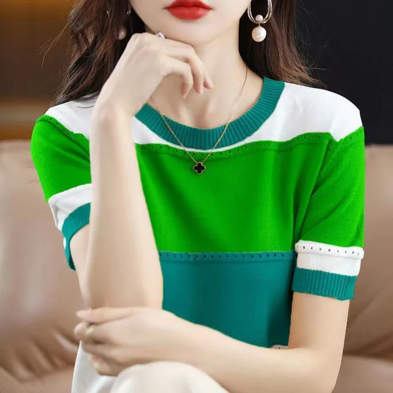 2024 Summer New Ice Silk T-shirt Short-sleeved Stripes Top Women\'s Round Neck Color Matching Hollow Loose Thin Knitted Sweater