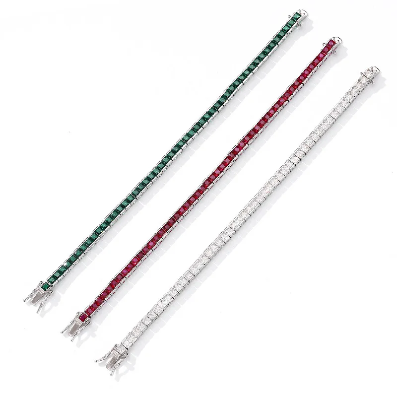 

Роскошный браслет из цельной платины PT950 с красными, зелеными и белыми квадратными муассанитами и бриллиантами для женщин, полностью инкрустированный бриллиантами, теннисная цепочка