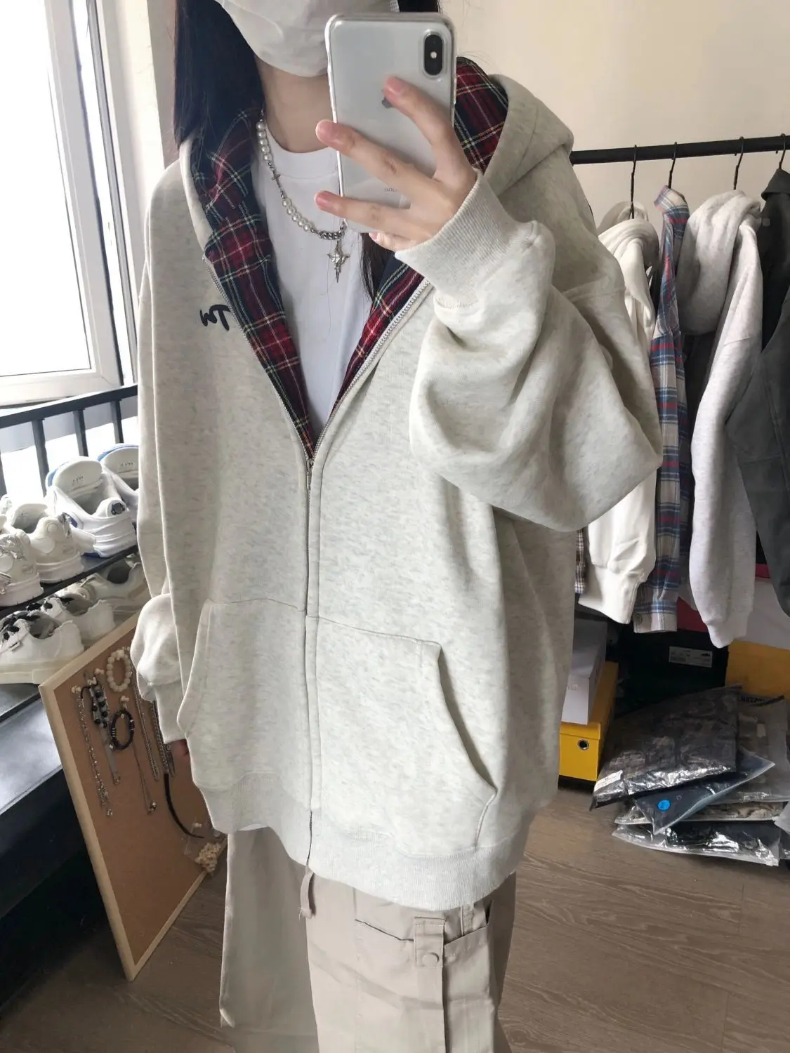 Suda con Capucha de Estilo Retro Americano a Cuadros, Talla ande, con Forro Polar, Cárdigan Abierto, Prenda Exterior Mo...