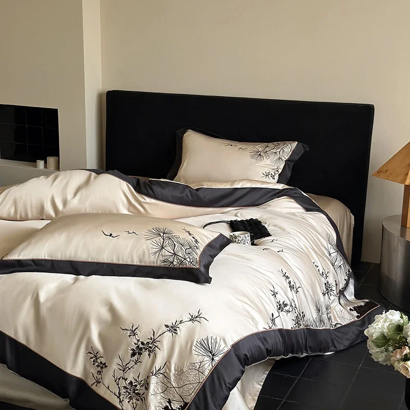 Embroidery Satin Bedding Set 100s Egyptian Cotton Bed Linens Sheet Pillowcase Duvet Cover Set Underwear