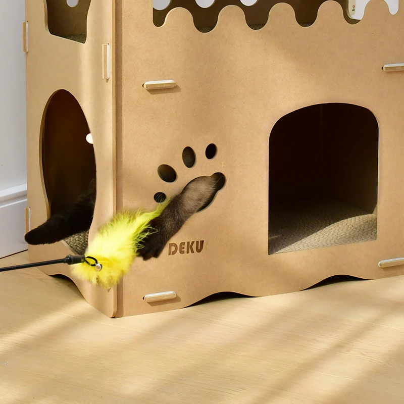 Cat House Wooden House with Scratching board Cardboard Durable cat scrtcher cat scratching lounge cat bed